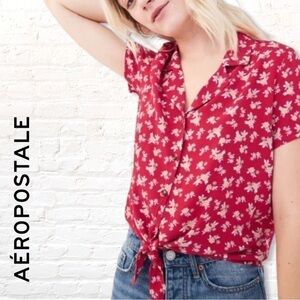 🎁3 for $30 Aeropostale Red Floral Tie Front Button Down Shirt Size